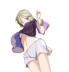  anastasia_(idolmaster) black_shirt blue_eyes bracelet breasts commentary_request dutch_angle female from_below grey_hair idolmaster idolmaster_cinderella_girls jewelry kinpun_(fgxdw447) medium_breasts midriff navel shirt short_hair short_shorts shorts shorts_tug simple_background solo standing stomach thigh_gap underboob white_background white_shorts 