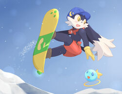  ambiguous_gender bandai_namco bottomwear clothed clothing domestic_cat duo felid feline felis klonoa klonoa_(series) lagomorph leporid mammal pac-man pac-man_(series) rabbit sanaki shorts snowboard topless yellow_eyes 