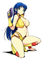  arm_up blue_eyes blue_hair boots bracelet breasts cleavage commentary_request covered_nipples crop_top dirty_pair earrings female gloves gun holding holding_gun holding_weapon jewelry katori_(mocchidou) knee_boots large_breasts long_hair looking_at_viewer midriff navel on_one_knee raised_eyebrows short_shorts shorts single_glove solo thighs weapon white_background yellow_footwear yellow_gloves yuri_(dirty_pair) 