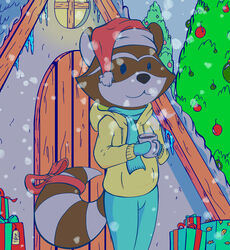  accessory ambiguous_gender anthro bow_(feature) bow_accessory bow_ribbon box chillhop chillhop_raccoon christmas container furgonomics gift gift_bow gift_box holidays lo-fi mammal mursa procyonid raccoon ribbons snow solo tail tail_accessory tail_bow tail_ribbon winter 