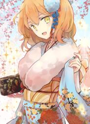  ahoge akizuki_maku blue_kimono box commentary_request fate/grand_order fate_(series) female floral_print fujimaru_ritsuka_(female) fujimaru_ritsuka_(female)_(ceremonial_new_year) fur-trimmed_kimono fur_collar fur_trim hair_between_eyes hair_ornament holding holding_box japanese_clothes kimono medium_hair official_alternate_costume one_side_up orange_eyes orange_hair peony_print red_ribbon ribbon solo star_(symbol) upper_body volcano 