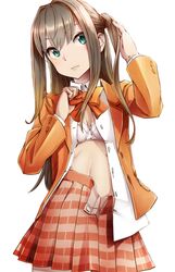  alternate_costume alternate_hairstyle blue_eyes bow bowtie bra breasts brown_hair cleavage commentary_request cosplay cowboy_shot dress_shirt female gradient_hair hair_between_eyes head_tilt highres idolmaster idolmaster_cinderella_girls jacket kinpun_(fgxdw447) long_hair long_sleeves miniskirt multicolored_hair one_side_up open_clothes open_jacket orange_bow orange_bowtie orange_jacket pleated_skirt red_skirt school_uniform shibuya_rin shimamura_uzuki shimamura_uzuki_(cosplay) shirt simple_background skirt small_breasts solo standing striped_clothes striped_skirt two-tone_hair unbuttoned unbuttoned_shirt underwear white_background white_bra white_shirt 