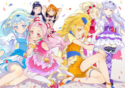  6+girls aisaki_emiru blue_hair blush bow closed_mouth commentary_request cone_hair_bun confetti cure_amour cure_ange cure_black cure_etoile cure_macherie cure_white cure_yell double_bun earrings frilled_skirt frills futari_wa_precure hair_bun hair_ornament hoshi_(xingspresent) hugtto!_precure in-franchise_crossover jewelry kagayaki_homare long_hair looking_at_viewer misumi_nagisa multiple_girls nono_hana open_mouth photoshop_(medium) pink_eyes pink_hair precure ruru_amour simple_background single_hair_bun skirt smile yakushiji_saaya yukishiro_honoka 