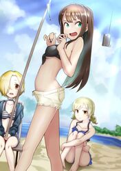  ! 3girls beach bikini bikini_skirt bikini_top_only black_bikini black_jacket blonde_hair blue_bikini blurry blurry_background breasts brown_hair cloud commentary_request day earrings fishing_rod green_eyes hair_over_one_eye highres hood hood_down hooded_jacket hugging_own_legs idolmaster idolmaster_cinderella_girls jacket jewelry kinpun_(fgxdw447) konnyaku_(food) long_hair morikubo_nono multiple_girls no_shirt open_clothes open_jacket open_mouth outdoors shibuya_rin shirasaka_koume short_hair short_shorts shorts sideboob sitting striped_bikini striped_clothes sunlight swimsuit very_long_hair walking white_shorts 