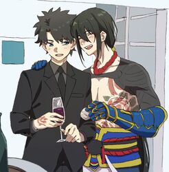  2boys :d alcohol black_jacket black_necktie black_pants blue_eyes champagne_flute closed_eyes collared_shirt command_spell commentary_request cup drinking_glass fate/grand_order fate_(series) fujimaru_ritsuka_(male) fujimaru_ritsuka_(male)_(royal_brand) gauntlets grey_hair grey_shirt hand_on_another&#039;s_shoulder highres holding jacket jewelry long_hair looking_at_another male_focus mi_(pic52pic) multiple_boys necklace necktie open_mouth pants pectorals ponytail protected_link shirt smile standing tattoo topless_male wine wine_glass wing_collar yan_qing_(fate) 