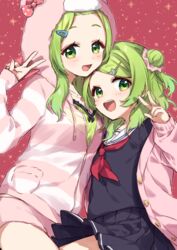  2girls animal_ears animal_hood bad_id bad_pixiv_id bear_ears bear_hair_ornament bear_hood black_serafuku black_shirt black_skirt blush camisole cardigan commentary_request dual_persona fake_animal_ears forehead green_camisole green_eyes green_hair hair_bun hair_ornament hairclip hand_up hood hood_up hooded_jacket jacket long_hair long_sleeves morinaka_kazaki morinaka_kazaki_(1st_costume) morinaka_kazaki_(4th_costume) multiple_girls nijisanji open_cardigan open_clothes parted_bangs pink_cardigan pink_jacket pink_shorts pleated_skirt polka_dot_camisole red_background sailor_collar school_uniform serafuku shirt short_shorts shorts single_hair_bun single_side_bun skirt sleeves_past_wrists striped_clothes striped_jacket v virtual_youtuber white_sailor_collar yamabukiiro 