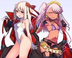  2girls :d armpits asymmetrical_bangs bb_(fate) bb_(swimsuit_mooncancer)_(fate) bb_(swimsuit_mooncancer)_(fate)_(cosplay) bb_(swimsuit_mooncancer)_(second_ascension)_(fate) bb_(swimsuit_mooncancer)_(third_ascension)_(fate) belt bikini black_cloak black_garter_belt black_shorts black_thighhighs blush boots bow bracelet breasts chloe_von_einzbern choker claw_pose cloak collared_leotard commentary_request contrapposto cosplay covered_navel covered_nipples cowboy_shot dark-skinned_female dark_skin earrings fate/grand_order fate/kaleid_liner_prisma_illya fate_(series) fingerless_gloves garter_belt gloves gold_trim hair_ornament hair_ribbon hairbow highleg highleg_bikini highleg_leotard highres illyasviel_von_einzbern jewelry leotard light_blush light_brown_hair long_hair looking_at_viewer loose_belt micro_shorts multiple_girls nail_polish navel necktie one_side_up open_fly open_mouth orange_eyes pink_hair pose purple_bikini purple_nails red_eyes revealing_clothes ribbon santa_(sunflower) shorts sideboob sidelocks simple_background small_breasts smile star_(symbol) star_earrings star_hair_ornament stomach_tattoo studded_belt studded_garter_belt swept_bangs swimsuit tattoo thighhighs thighhighs_under_boots v-shaped_eyebrows white_belt white_gloves white_leotard white_theme wing_collar 