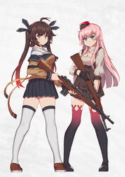  2girls antenna_hair battle_rifle beret black_gloves black_ribbon blue_eyes breasts brown_hair cleavage commentary_request full_body girls&#039;_frontline gloves gun hair_ribbon hat highres holding holding_gun holding_weapon long_hair looking_at_viewer looking_back m14 m14_(girls&#039;_frontline) medium_breasts multiple_girls persocon93 photoshop_(medium) pink_hair pleated_skirt ribbon rifle simonov_(girls&#039;_frontline) skirt sks thighhighs twintails weapon white_legwear yellow_eyes 