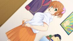  adjusting_clothes bare_arms blush breasts brown_hair cactus commentary_request dai_(series) daiakuji dressing dutch_angle female flower green_eyes hair_flower hair_ornament hanny indoors looking_at_viewer looking_back medium_breasts mottio orange_skirt pink_flower plant poster_(object) potted_plant raised_eyebrows school_uniform sekitori shirt short_sleeves skirt solo standing toki_haruka uniform white_shirt 