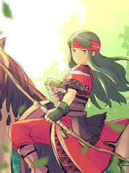  armor arrow_(projectile) bandana black_gloves boots bow_(weapon) brown_footwear commentary_request dress expressionless female fingerless_gloves fire_emblem fire_emblem:_the_binding_blade gloves green_eyes green_hair headband highres horse horseback_riding long_hair looking_at_viewer nishimura_(shinchinagachi) pants plant quiver riding sash short_sleeves shoulder_armor solo straight_hair sue_(fire_emblem) weapon 