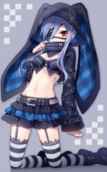  animal_ears animal_hood belt black_bra black_footwear black_hoodie black_skirt black_sleeves blue_hair boots bra breasts cleavage commentary_request covering_own_mouth effole_(fairy_fencer_f) eyepatch fairy_fencer_f fake_animal_ears female grey_background groin hijiri_(resetter) hood hood_up hoodie kneeling layered_skirt long_hair long_sleeves looking_at_viewer midriff miniskirt navel pleated_skirt rabbit_ears rabbit_hood red_eyes shrug_(clothing) skirt small_breasts solo stomach striped_clothes striped_thighhighs thighhighs underwear 