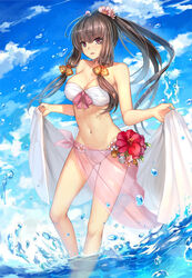  ass_visible_through_thighs bare_shoulders bell blush breasts brown_eyes brown_hair character_request chinese_commentary cleavage collarbone commentary_request female flower hair_bell hair_flower hair_ornament highres large_breasts long_hair looking_at_viewer luoxuan_jingjie_xian mole mole_under_eye musyne_xsk navel official_art parted_lips photoshop_(medium) ponytail solo standing swimsuit wading 