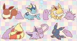  ambiguous_gender brown_body brown_fur ditto_(pokemon) duo eevee eeveelution espeon feral flareon fur generation_1_pokemon generation_2_pokemon jolteon multiple_images multiple_partners nintendo official_art pokemon pokemon_(species) sitting smile tail umbreon unknown_artist vaporeon 