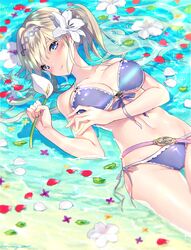  afloat bare_arms bare_shoulders bikini blonde_hair blue_eyes blue_ribbon blurry blush breasts cleavage closed_mouth collarbone commentary_request depth_of_field dutch_angle female flower front-tie_bikini_top front-tie_top granblue_fantasy groin hair_intakes hairband head_tilt highres holding holding_flower jeanne_d&#039;arc_(granblue_fantasy) jeanne_d&#039;arc_(summer)_(granblue_fantasy) leaf long_hair looking_away looking_to_the_side lying medium_breasts navel official_alternate_costume on_back petals purple_hairband ribbon rugo shallow_water side-tie_bikini_bottom smile solo sparkle stomach string_bikini swimsuit thigh_gap twintails water white_flower white_ribbon 