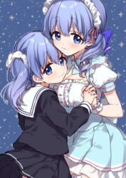  2girls :3 bad_id bad_pixiv_id black_serafuku black_shirt black_skirt blue_background blue_bow blue_eyes blue_hair blue_skirt blush bow breasts center_frills cleavage closed_mouth commentary_request dual_persona fingernails frills hair_ornament hair_scrunchie hairbow holding_hands interlocked_fingers long_hair long_sleeves looking_at_viewer maid_headdress multiple_girls nijisanji pleated_skirt puffy_short_sleeves puffy_sleeves sailor_collar school_uniform scrunchie serafuku shirt short_sleeves skirt small_breasts twintails virtual_youtuber white_sailor_collar white_scrunchie white_shirt wrist_cuffs yamabukiiro yuuki_chihiro yuuki_chihiro_(2nd_costume) yuuki_chihiro_(3rd_costume) 