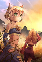  2girls :o animal_ear_fluff animal_ears bad_id bad_pixiv_id bag blonde_hair blue_sky body_fur breasts cat_ears cat_girl cat_tail cleavage closed_mouth cloud cloudy_sky commentary_request cross-laced_clothes daena day detached_sleeves elbow_gloves fake_animal_ears fantasy fingerless_gloves fur_collar fur_trim furry furry_female gloves gold_trim green_eyes hair_ornament holding imu_(lom) legend_of_mana long_hair long_sleeves looking_at_viewer midriff mountain mountainous_horizon multiple_girls navel outdoors seiken_densetsu short_hair sky souichi tail wide_sleeves 