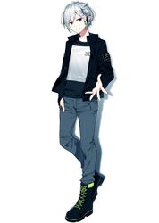  1boy april_fools black_footwear black_jacket boots bow braid commentary denim full_body genderswap_(ftm) green_hair grin hand_in_pocket headphones highres jacket jeans looking_at_viewer male_focus multicolored_hair official_art outstretched_hand pants purple_eyes rule_63 sakuragi_ren shirt simple_background single_braid smile solo standing two-tone_hair virtual_youtuber white_background white_hair white_shirt yuni_(yuni_channel) yuni_channel 