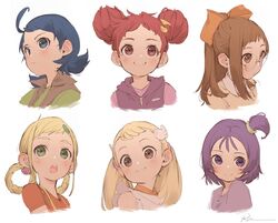  6+girls :3 :o ahoge asuka_momoko blonde_hair blue_eyes blue_hair bow brown_eyes brown_hair brown_shirt brown_vest closed_mouth double_bun earrings fujiwara_hazuki glasses green_eyes green_shirt hair_bun hair_ornament hair_rings hairbow hairclip harukaze_doremi head_tilt high_collar highres hood jewelry long_hair looking_at_viewer looking_away looking_up makihatayama_hana medium_hair multiple_girls musical_note musical_note_hair_ornament ojamajo_doremi one_side_up open_mouth orange_bow orange_shirt pink_shirt ponytail portrait purple_eyes purple_hair red_eyes red_hair round_eyewear round_teeth ryota_(ry_o_ta) segawa_onpu senoo_aiko shirt short_hair short_sleeves sidelocks signature simple_background smile suspenders teeth twintails upper_teeth_only vest white_background 