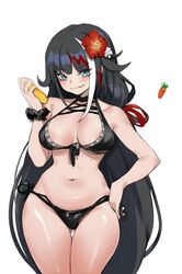  ass_visible_through_thighs azur_lane bikini black_bikini black_hair blue_eyes breasts carrot closed_mouth commentary cowboy_shot deutschland_(azur_lane) deutschland_(service_time?!)_(azur_lane) english_commentary fang_out female flower front-tie_bikini_top front-tie_top hair_flower hair_ornament halterneck hand_on_own_hip hibiscus highres long_hair medium_breasts mole mole_on_body multicolored_hair navel oerba_yun_fang official_alternate_costume romana scrunchie side-tie_bikini_bottom sidelocks simple_background smile solo streaked_hair swimsuit thigh_gap thighs very_long_hair white_background wrist_scrunchie 