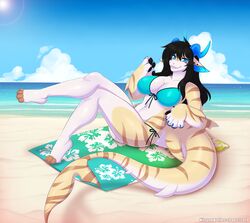  anthro beach bikini breasts clothing curvy_figure female fish hair horn kitsunewaffles-chan looking_at_viewer marine outside seaside shark smile solo swimwear towel voluptuous 