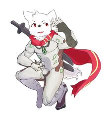  2016 blizzard_entertainment canid canine cute_fangs genji male mammal overwatch red_eyes scarf solo woong 