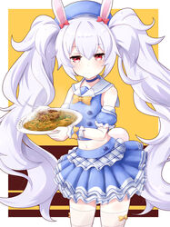  azur_lane beret blue_choker blue_hat blue_shirt blue_skirt bow bowtie buttons choker commentary_request cowboy_shot curry detached_sleeves expressionless female food gudon_(iukhzl) hair_ornament hat holding holding_plate laffey_(azur_lane) laffey_(bunny_clerk?)_(azur_lane) layered_skirt long_hair looking_at_viewer midriff miniskirt navel official_alternate_costume photoshop_(medium) plate pleated_skirt puffy_short_sleeves puffy_sleeves rabbit_hair_ornament red_eyes sailor_collar school_uniform serafuku shirt short_sleeves sidelocks skirt solo standing thighhighs twintails very_long_hair wavy_hair white_hair white_sailor_collar white_thighhighs wrist_cuffs yellow_bow yellow_bowtie zettai_ryouiki 