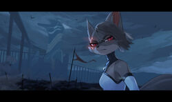  anthro armwear avian bird black_bars black_nose breasts canid canine cheek_tuft clothed clothing cloud detailed_background digital_media_(artwork) el-k eyelashes facial_tuft female feral flag flag_(object) flagpole fox fur glowing glowing_eyes glowing_markings grey_body grey_fur grey_hair hair half-closed_eyes hi_res letterbox looking_back mammal markings narrowed_eyes nyx_(el-k) outside red_eyes sky solo tight_clothing topwear tuft white_clothing 