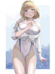  blunt_bangs breasts brown_eyes collared_shirt competition_swimsuit day dress_shirt eyebrows_hidden_by_hair female highleg highleg_swimsuit highres large_breasts light_brown_hair looking_at_viewer mashinatsu one-piece_swimsuit open_clothes open_shirt original shirt short_hair smile solo standing swimsuit thigh_gap two-tone_swimsuit white_one-piece_swimsuit white_shirt 