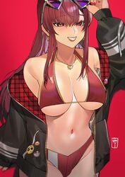  bikini breasts cleavage earrings eyewear_on_head female grin heart heart-shaped_eyewear heterochromia highres hololive houshou_marine jewelry lilycious long_hair looking_at_viewer midriff navel necklace plaid red_background red_bikini red_eyes simple_background smile sunglasses swimsuit virtual_youtuber yellow_eyes 