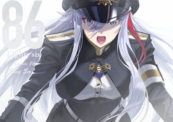  86_-eightysix- copyright_name cropped_jacket epaulettes female grey_eyes grey_hair hair_between_eyes hat high_collar long_hair long_sleeves looking_at_viewer military military_hat military_uniform multicolored_hair open_mouth peaked_cap shirabi shouting solo streaked_hair uniform vladilena_millize 