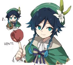  1boy apple bad_id bad_twitter_id beret black_hair blue_eyes blue_hair bow bowtie braid cape character_name flower food freenote_mr fruit genshin_impact gradient_hair green_headwear hat highres index_finger_raised instrument lyre male_focus multicolored_hair musical_note open_mouth side_braids simple_background smile venti_(genshin_impact) white_background white_flower 