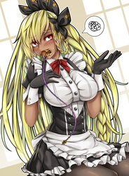  alternate_costume apron black_gloves blonde_hair blush braid breasts dark-skinned_female dark_skin embarrassed enmaided female frilled_apron frilled_skirt frills gloves granblue_fantasy hair_ribbon helel_ben_shalem highres large_breasts long_hair maid maid_apron pacifier pantyhose puffy_short_sleeves puffy_sleeves red_eyes ribbon sanmoto_gorouzaemon short_sleeves skirt sleeve_cuffs solo sweatdrop very_long_hair 