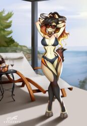  2023 antelope anthro bikini bovid breasts clothing cloven_hooves dragonfu eyewear female gazelle gradient_hair hair hi_res hooves horn long_hair mammal navel outside solo standing sunglasses swimwear tail zahra_(airheart) 