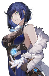  absurdres bare_shoulders blue_dress blue_hair braid breasts cleavage closed_mouth commentary diagonal_bangs dress earrings female fingerless_gloves fur-trimmed_jacket fur_trim genshin_impact gloves green_eyes highres jacket jewelry looking_at_viewer medium_breasts off_shoulder open_clothes open_jacket short_hair simple_background sin_(btc86amme) sleeveless sleeveless_dress solo white_background white_gloves white_jacket yelan_(genshin_impact) 