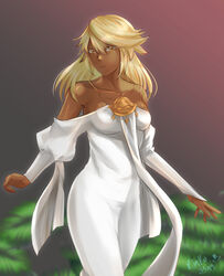  bare_shoulders blonde_hair breasts collarbone cosplay dark-skinned_female dark_skin dress english_commentary female fire_emblem fire_emblem:_three_houses guilty_gear hair_between_eyes highres long_dress long_sleeves medium_breasts off-shoulder_dress off_shoulder orange_eyes ramlethal_valentine rhea_(fire_emblem) rhea_(fire_emblem)_(cosplay) rinku_bny signature solo white_dress 