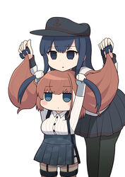  2girls age_switch aged_down aged_up akatsuki_(kancolle) akatsuki_kai_ni_(kancolle) alternate_height anchor_hair_ornament anchor_symbol atlanta_(kancolle) black_pantyhose black_thighhighs blush breasts brown_hair flat_cap garter_straps grabbing_another&#039;s_hair hair_ornament hat height_switch highres holding kantai_collection long_hair long_sleeves multiple_girls open_mouth pantyhose pleated_skirt sailor_collar school_uniform serafuku sidelocks simoyuki simple_background skirt suspender_skirt suspenders thighhighs two_side_up white_background 