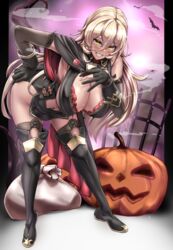  absurdres black_cape black_dress black_footwear black_gloves blonde_hair blush boots bra bra_peek breasts candy cape commentary_request dress female food full_body gloves grin hair_between_eyes halloween halterneck highres jack-o&#039;-lantern large_breasts leaning_forward lollipop long_hair looking_at_viewer nijisanji nui_sociere nui_sociere_(1st_costume) pumpkin red_bra sack short_dress smile solo thigh_boots thighhighs underwear virtual_youtuber yaruku yellow_eyes 