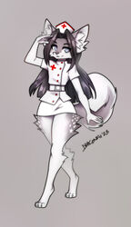  2023 4_toes anthro black_hair canid canine canis clothed clothing crossdressing domestic_dog dragonfu feet femboy fluffy fluffy_tail gesture grey_(character) grey_(greywolf570) hair hi_res husky hybrid long_hair looking_at_viewer male mammal nordic_sled_dog nurse_clothing nurse_uniform paws salute solo spitz standing tail toes uniform wolf 