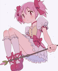  blush bobby_socks choker closed_mouth dress female hair_ribbon kaname_madoka kaname_madoka_(magical_girl) looking_at_viewer magical_girl mahou_shoujo_madoka_magica mahou_shoujo_madoka_magica_(anime) medium_hair miyama_(kannsannn) pink_eyes pink_hair ribbon short_twintails simple_background skirt socks solo twintails white_background white_socks 