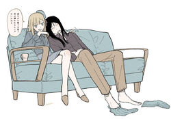  1boy alternate_costume bad_id bad_pixiv_id black_hair black_shirt blonde_hair brown_pants commentary couch crossed_legs cup fate_(series) female grey_legwear hands_up hat high_heels highres leaning_on_person leaning_to_the_side long_hair long_legs long_sleeves lord_el-melloi_ii lord_el-melloi_ii_case_files pants parted_bangs reines_el-melloi_archisorte sakanomachico shirt shoes sitting sleeping speech_bubble translated unworn_socks waver_velvet white_background 