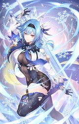  absurdres arm_up asymmetrical_hair black_hairband blue_hair blue_necktie breasts closed_mouth covered_navel crystal_sword eula_(genshin_impact) female floating floating_hair floating_object floating_sword floating_weapon genshin_impact gloves hair_ornament hairband highres ice large_breasts leotard medium_hair nasaniliu necktie open_hands revision snowflakes solo sword thighhighs thighs vision_(genshin_impact) weapon wind yellow_eyes 