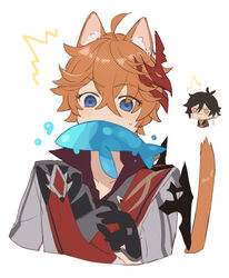  2boys animal_ear_fluff animal_ears bad_id bad_twitter_id black_hair blue_eyes commentary cropped_torso crossed_bangs earrings fish fish_in_mouth genshin_impact gloves hair_between_eyes jacket jewelry male_focus mask mask_on_head miz_(mi) mouth_hold multiple_boys orange_hair red_scarf scarf simple_background single_earring sweat symbol-only_commentary tail tartaglia_(genshin_impact) upper_body white_background yellow_eyes zhongli_(genshin_impact) 