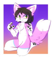  anthro appliei biped black_hair black_nose black_pawpads canid canine femboy fox fur green_eyes hair hi_res inner_ear_fluff male mammal norii pawpads paws pink_body pink_fur sitting sitting_on_ground solo tuft 