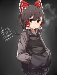  black_eyes blush bow brown_hair cigarette closed_mouth commentary cookie_(touhou) cropped_torso eyes_visible_through_hair female frilled_bow frilled_hair_tubes frills grey_background grey_hoodie hair_between_eyes hair_tubes hairbow hakurei_reimu hands_in_pocket highres hood hoodie looking_at_viewer marlboro maru_(cookie) medium_hair red_bow smoke smoking solo touhou upper_body yumekamaborosh 