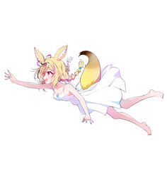  absurdres alternate_costume alternate_hairstyle animal_ear_fluff animal_ears bare_shoulders barefoot black_hair blonde_hair blue_nails blush braid breasts cleavage dress epilogue_in_the_attic_(hololive) female floating_hair fox_ears fox_girl fox_tail full_body heart heart-shaped_pupils highres hololive ichijo_rei medium_breasts medium_hair multicolored_hair nail_polish official_art omaru_polka open_mouth outstretched_arm pink_hair purple_eyes sidelocks sideways simple_background sleeveless sleeveless_dress smile solo spaghetti_strap streaked_hair sundress symbol-shaped_pupils tachi-e tail toenail_polish toenails twin_braids twintails virtual_youtuber white_background white_dress 