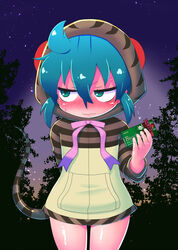  animal_ears aqua_hair blush chocolate female gabyo_nuno gift gradient_ribbon hair_between_eyes highres holding holding_gift hood hoodie kemono_friends long_sleeves looking_away neck_ribbon nervous_sweating night night_sky pink_ribbon purple_ribbon ribbon short_hair sky snake_tail solo star_(sky) starry_sky striped_clothes striped_hoodie striped_tail sweat tail tsuchinoko_(kemono_friends) tsundere 