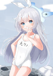  bare_arms bare_shoulders blue_archive blue_eyes blue_halo blush cherino_(blue_archive) cherino_(hot_spring)_(blue_archive) collarbone cowboy_shot fake_facial_hair fake_mustache female flat_chest grey_hair halo highres long_hair name_tag noko_(nco029685627) official_alternate_costume one-piece_swimsuit school_swimsuit solo swimsuit white_one-piece_swimsuit 