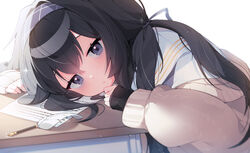  bags_under_eyes black_hair blue_archive closed_mouth commentary constricted_pupils crossed_bangs desk feather_nib_pen female forehead grey_eyes hair_between_eyes hair_ribbon hairband head_on_table head_rest highres light_particles long_hair long_sleeves looking_at_viewer nib_pen_(object) off_shoulder paper pen ribbon sen_light shadow simple_background sleeves_past_wrists solo sparkle ui_(blue_archive) upper_body white_background 