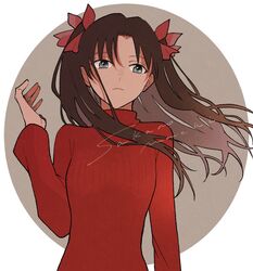  artist_name bad_id bad_pixiv_id blue_eyes blush bow brown_hair closed_mouth commentary_request fate/stay_night fate_(series) female floating_hair frown grey_background hair_ribbon hairbow hand_up highres long_hair long_sleeves looking_at_viewer parted_bangs ribbon sakanomachico solo sweater tohsaka_rin turtleneck two_side_up upper_body white_background 