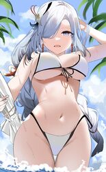  arm_behind_head bikini blue_eyes blue_sky braid breasts cleavage cloud earrings female genshin_impact grey_hair hair_ornament hair_over_one_eye highleg highleg_bikini highres holding holding_umbrella jewelry large_breasts long_hair looking_at_viewer low-braided_long_hair low-tied_long_hair navel no_nose open_mouth outdoors shenhe_(genshin_impact) shiben_(ugvu5784) side-tie_bikini_bottom sky solo stomach string_bikini swimsuit tassel tassel_earrings thigh_gap umbrella water wet white_bikini 